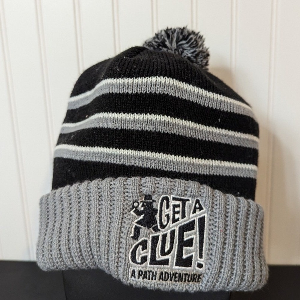 Get a Clue Path Adventure Beanie Hat Black Grey Striped‎ Pom Pom Winter Cap